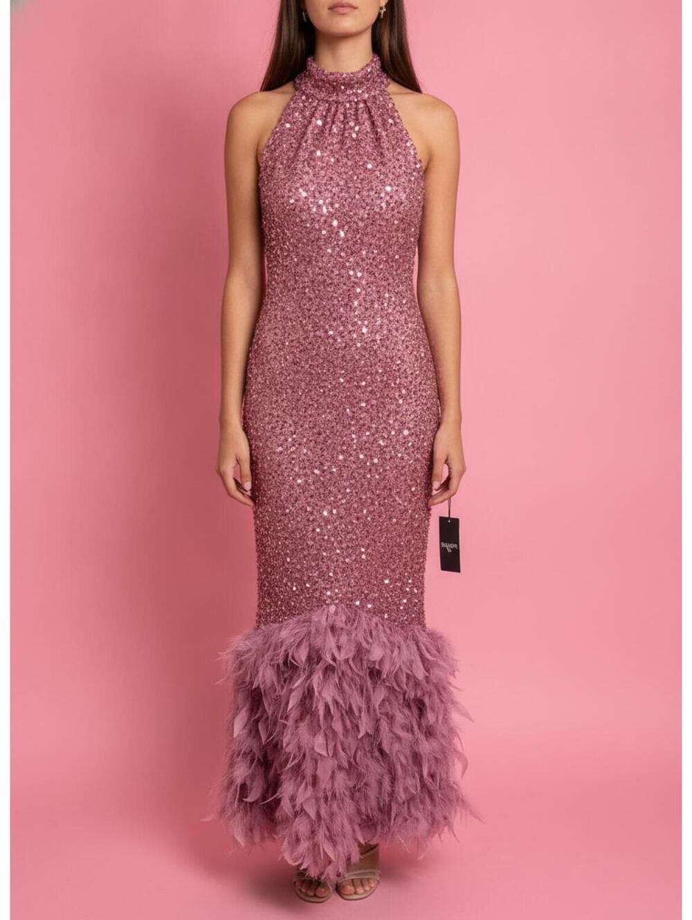 Fashion Nova Pink Sequined Feather Hem Halter Dress